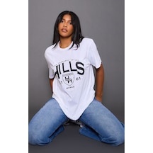 Hidden Hills Süprem T-shirt - Beyaz Baskılı Oversize Bisiklet Yaka Kısa Kol Tişört Beyaz