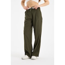 Gugus Kadın Wide Leg Kumaş Bol Paça Pantolon Beli Bağcıklı Beyaz Garni Detaylı Fermuar Kapamalı Haki
