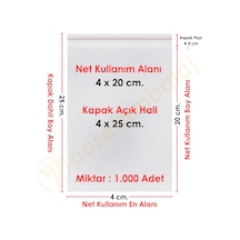 4x20+5 Cm. 4x25 1.000 Adet Şeffaf Bantlı Yapışkanlı Opp Poşet