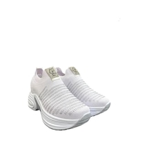 Aybaak 5006 Triko Taşlı Dolgu Topuk Kadın Ayakkabı Sneaker Beyaz