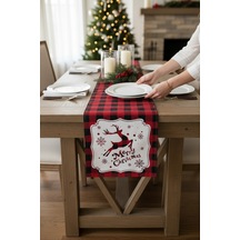 Masa Örtüsü Runner Yılbaşı Temalı Merry Christmas Geyikli 140x40 Raşel Örme Kadife Dijital Baskı Çok Renkli