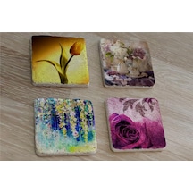 Lale Ve Çiçekler Doğal Taş Bardak Altlığı 4'lü Set - Natural Stone Coasters - Taş Çok Renkli