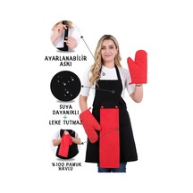 Star Ayar Askılı Havlulu 4lü Mutfak Önlüğü Seti 2 Eldiven Siyah-kırmızı-kırmızı