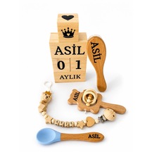 Kişiye Özel İsimli-emzik Zinciri Emzik Askısı-bebek Çıngırak-bebek Saç Fırçası Keçi Kılı-bebek Anı Küpü-bebek Çocuk Mama Yemek Kaşığı Silikon Uçlu-%100 Full Ahşap Set Doğal Organik-bebek Hediyelik-