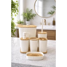Duvara Yapışkanlı Gerçek Bambu Beyaz 6'lı Safir Banyo Seti Beyaz