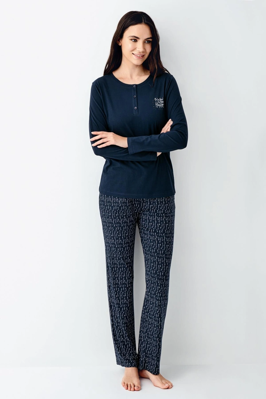 Arnetta Make Me Happy Kadın Modal Pamuklu Rahat Uzun Kollu Pijama Takım lacivert