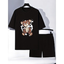 Uyguntarz Unisex X Ayı Tasarım Basklı Tshirt Şort Takımı Siyah