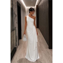 DefyModa Kadın Modern Stil Tek Omuz Kemerli Maxi Abiye Elbise Beyaz