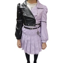 Kız Çocuk Deri Detaylı Lila Renk Üçlü Etekli Takım Lila