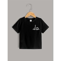 Dinazorlar Pamuklu Çocuk T-shirt- Siyah Baskılı Kız Erkek Çocuk Yazlık Bisiklet Yaka Tişört Siyah