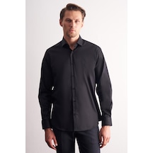 İmza Siyah Yarım İtalyan Yaka Uzun Kol Premium Slim Fit Pamuklu Gömlek 1004255198 Siyah