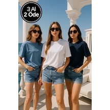 Kadın 3'lü Paket Lacivert-mavi-beyaz %100 Pamuk Oversize Basic Tişört Bisiklet Yaka Relaxed T-shirt Çok Renkli