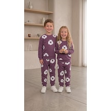 Mavi Boncukk Kız Erkek Çocuk Unisex Çiçek Desenli Sweatshirt Ve Eşofman Altı 2 Li Takım Mor