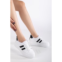 Erceka Kadın Spor Ayakkabı Sneaker Günlük Kullanıma Uygun Beyaz-siyah-kırmızı,mavi Bağcıklı Beyazasiyah