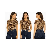 İngegno Body Bisiklet Yaka Kısa Kol Viskon Örme Kumaş Leopar Desen Body