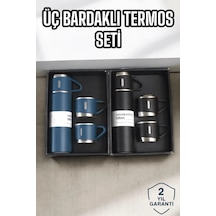 Şık Ve Dayanıklı 3 Bardaklı Termos Seti Uzun Süre Isı Koruma Özellikli Mavi Ve Siyah