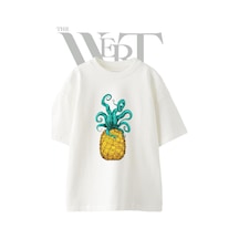 Thewert Ananas Ahtapot Tasarım Baskılı Ünisex Beyaz Oversize T-shirt