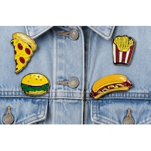 Fast Food Temalı 4'lü Metal Emaye Rozet Seti Pizza,hamburger,patates Ve Sosisli Rozet Gri