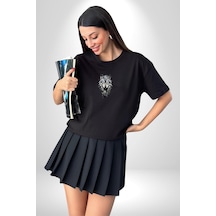 Beyaz Kurt Siyah Oversize Unisex Ön Orta Minimal Baskılı Tişört Siyah