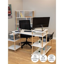 Çalışma Masası 5 Raflı Ahşap Ayaklı Dekoratif Modern Bilgisayar Ofis Masası - Beyaz - Köşe
