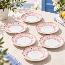 Tr 6'li Porselen Çay Tabağı Seti, Pembe Ekose Kalp Desenli Diğer