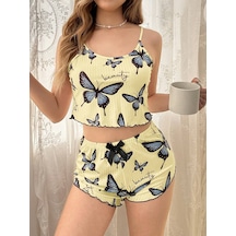 Melonika Kadın Sarı Kelebek Desenli Askılı Şortlu Ribana Pijama Takımı,rahat Ve Şık Ev Giyim,kadın Pijama Çok Renkli