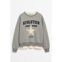 Quzu Baskı Nakış Detaylı Sweatshirt Gri Melanj