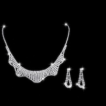 Ehediye Chavin Düğün Nişan Kına Damla Taşlı Kadın Kolye Küpe Set Eg90 Beyaz