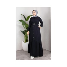 Hb Harma Time Butik Kadın Düğmeli Kuşaklı Denim Siyah Kot Elbise Siyah Siyah