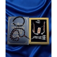 Luxury Seri Özel Tasarım Kitap Kutulu Kadın Takı Seti Ve Tesbih Kombin - Kolye Küpe Yüzük Bileklik Ekstra Boncuk Bileklik 6 Parça Hediyelik - Doğum Günü Yıl Dönümü Sevgililer Günü Gösterişli Hediye - L-00122 Bakır