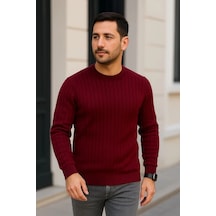 Barlashive Erkek Bisiklet Yaka Triko Kazak Pamuklu Kalın Fitilli Dokuma Regular Fit - Bordo Çok Renkli