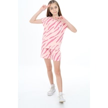 Toontoy Kids Toontoy Kız Çocuk 2'li Takım Baskılı Bisiklet Yaka T-shirt & Beli Lastikli Şort Pudra