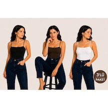 İngegno Body İp Askılı Standart Boy Viskon Ring Örme Kumaş Kadın Body 3 Lü Paket Beyaz - Siyah