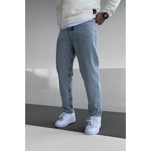 Baggy Asit Yıkama Taşlamalı Kot Pantolon Mavi