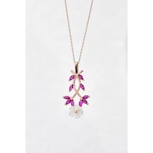 Papatya Silver 925 Ayar Gümüş Rose Kaplama Fuşya Taşlı Sarmaşık Sedef Manolya Çiçeği Kolye