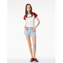 Koton Slim Fit Kısa Kollu Bisiklet Yaka Pamuklu Baskılı Tişört Ekru 6sal10607ık