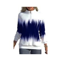 Sonbahar Ve Kış Kadın Ceket Kademeli Değişim Baskılı Yaka Fermuar Uzun Kollu Kış Tarzı Yarım Yüksek Yaka Hırka Ceket Kaban Mavi