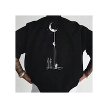 Caddemia Yaz  Moda Rahat Spor Bol Kesim Astronot İniş Ay Baskı Yuvarlak Boyun Kı Siyah 2XL
