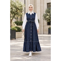 Hb Harma Time Butik Kadın Düğmeli Kuşaklı Eteği Fırfırlı Koyu Mavi Kot Jile Koyu Mavi Koyu Mavi