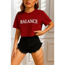 Kadın Tişört Crop Tişört Baskılı Fit Tişört Balance-tişört Bordo