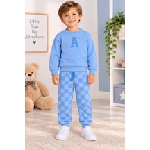 Uğur Bebe 3 İplik Şardonsuz Erkek Çocuk Mavi Ekose Eşofman Takımı Sweatshirt, Rahat Kesim Jogger Alt, Şık Günlük Spor Kombin Mavi Mavi