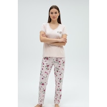 Kompedan Kadın % 100 Ring Viskon V Yaka Altı Desenli Kısa Kol Pijama Takımı Pembe 40113-4119