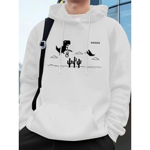 Startmore Tarzsokak Dinozorlar Kaktüs Üzerinde Baskılı Erkek Kapüşonlu Üstü Sonbahar Cepli Sweatshirt Temel Polar Beyaz