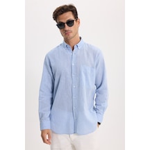 Tudors Erkek Regular Fit Klasik Kesim Oversize Pamuklu Keten Doku Düğmeli Yaka Mavi Gömlek-42585