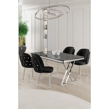Canisa Rigel Serisi 80x130 Lak Panel Siyah Mermer Desen Masa Takımı Krom Ayaklı 4 Siyah Sandalye Masa Siyah Mermer Desen Sandalye Siyah