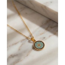 Stainless Steel Zirkon Taşlı Nazarlı Çelik Kolye Gold