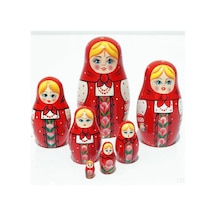 Deinhaus Matruşka Seti, Kırmızı, Ahşap, 6 Parça, El Yapımı, Montessori Eğitici, Çiçek Desenli, Dekoratif Diğer