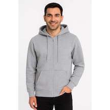 Erkek 3 İplik Pamuklu Kapüşonlu Tam Fermuarlı Cepli Hoodie Sweatshirt - Gri