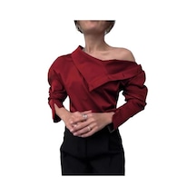 Kadın Gömlek Düğme Eklemeli Balıkçı Yaka Uzun Kollu Rahat Bol Kesim Gömlek Düz Şarap Kırmızısı