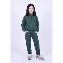 Panios Kids Kız Çocuk Dik Yaka Fermuarlı Beli Bağcıklı Lastik Paça Eşofman Takımı Haki